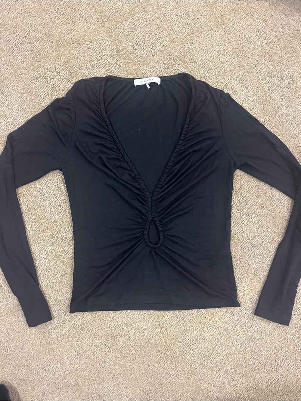 Frame Denim Black Long-Sleeve Ruched Keyhole V-Neck Top